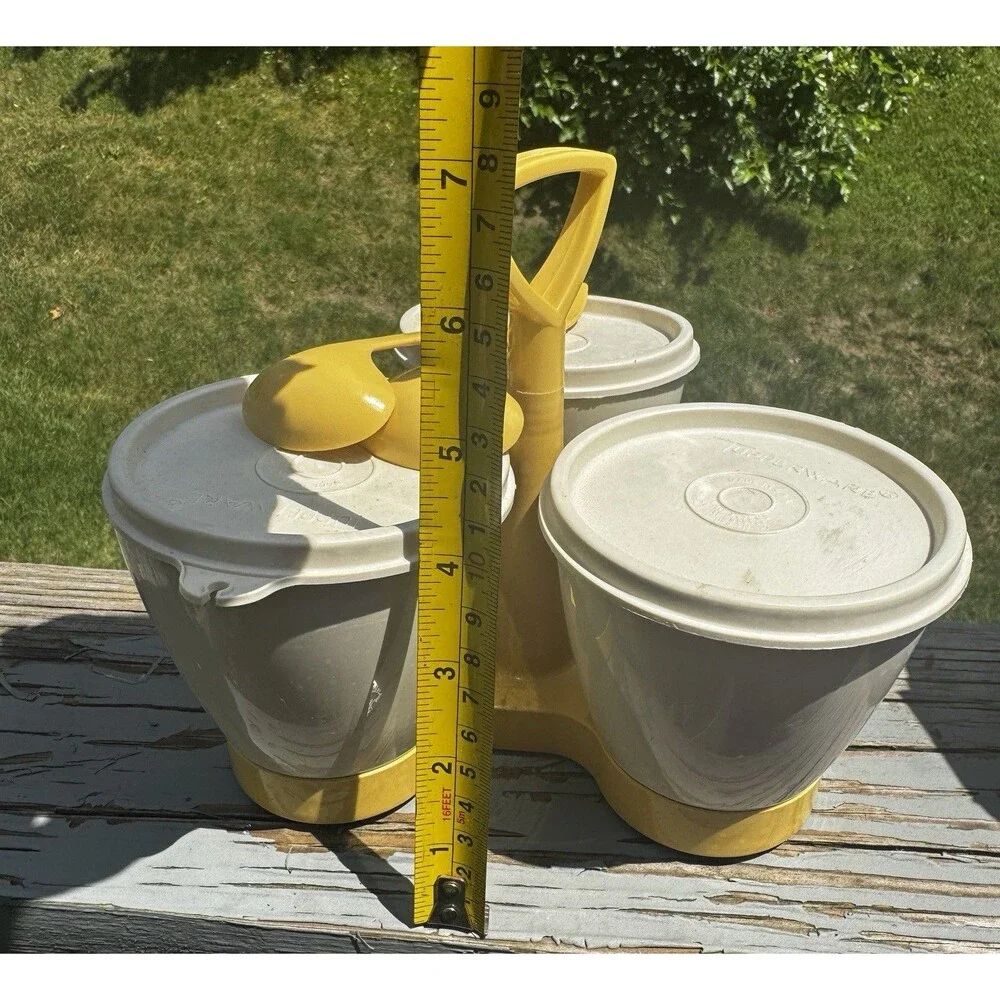 Vintage Tupperware Condiment Server Set w/ Caddy, Lids, Spoons - Yellow